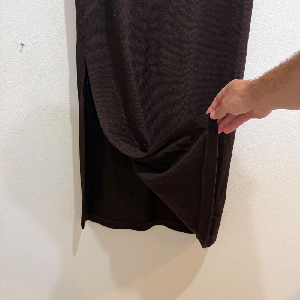 St John Evening Marie Gray Wool Knit Maxi Skirt Brown Espresso Slit Size 10 - Picture 4 of 6
